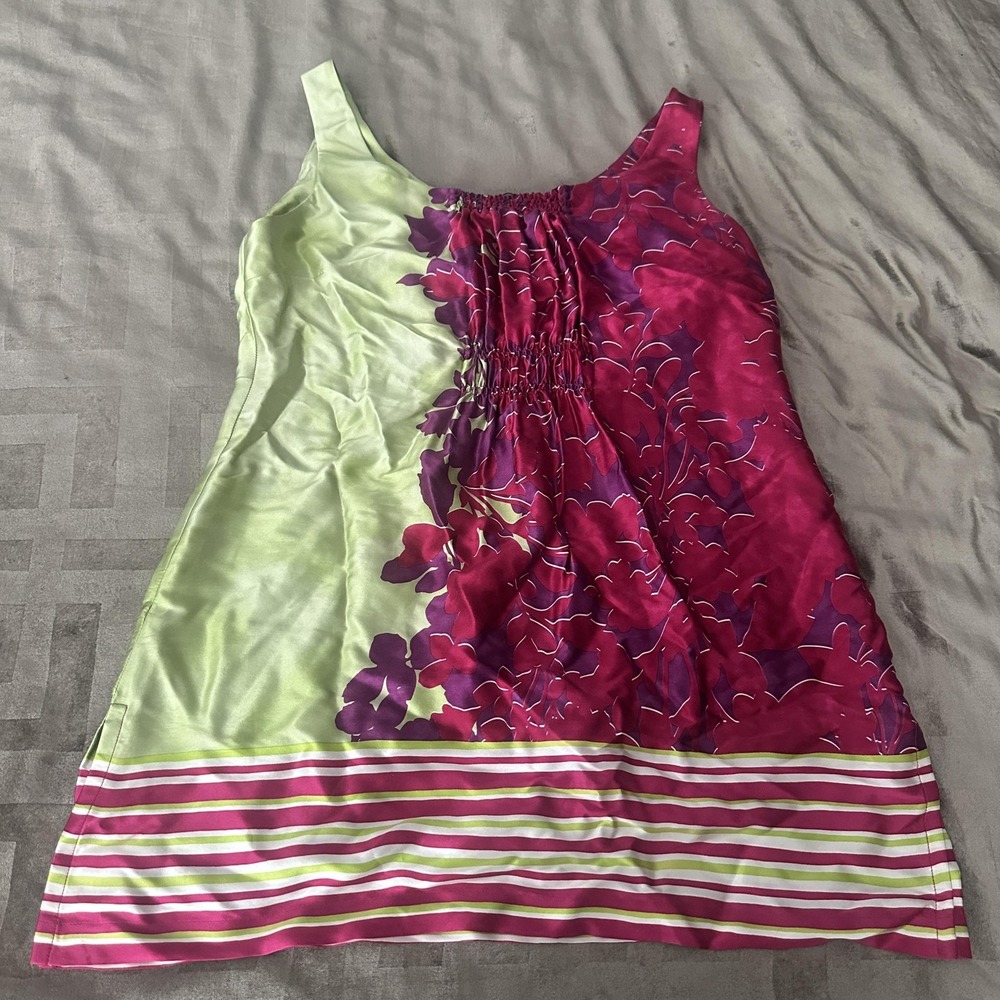VTG CAbi Tunic Tank Top Womens Medium Multicolor Silk Cosmo Floral Striped Hem